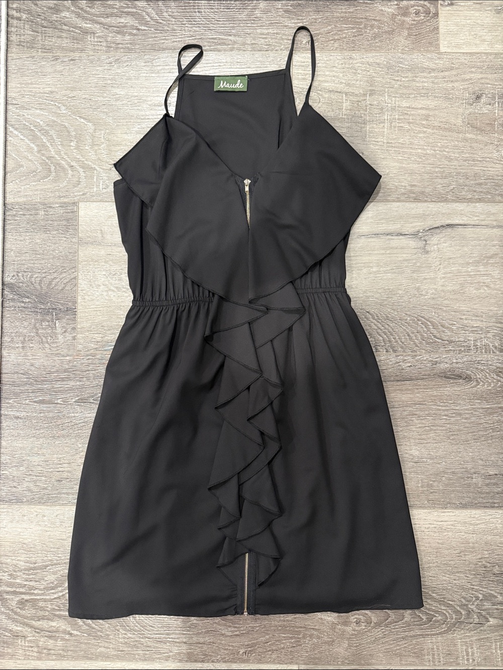 Maude Black Ruffle-Front Spaghetti Strap Mini Dress
